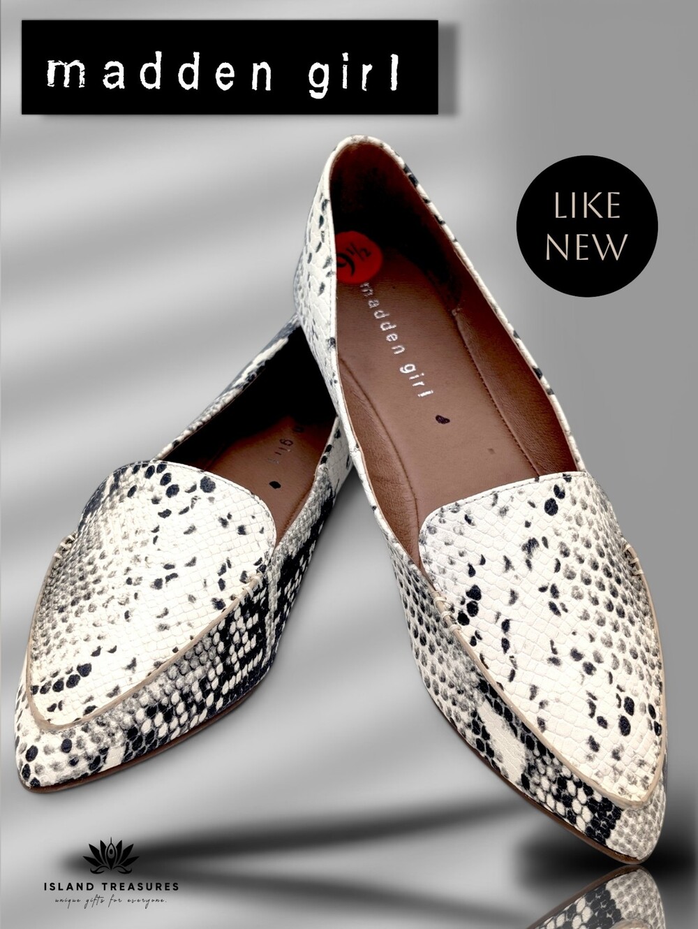 Madden Girl Heather Size 9.5 White/Black Snakeskin Embossed Faux Leather Loafer